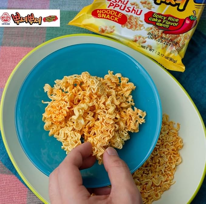 OTOKI Ppushu Ppushu Noodle Snack Spicy Rice Cake (Tteokbokki) Flavor, Korean Ramen Snack, Crush to Eat, 90g, 24 Pack