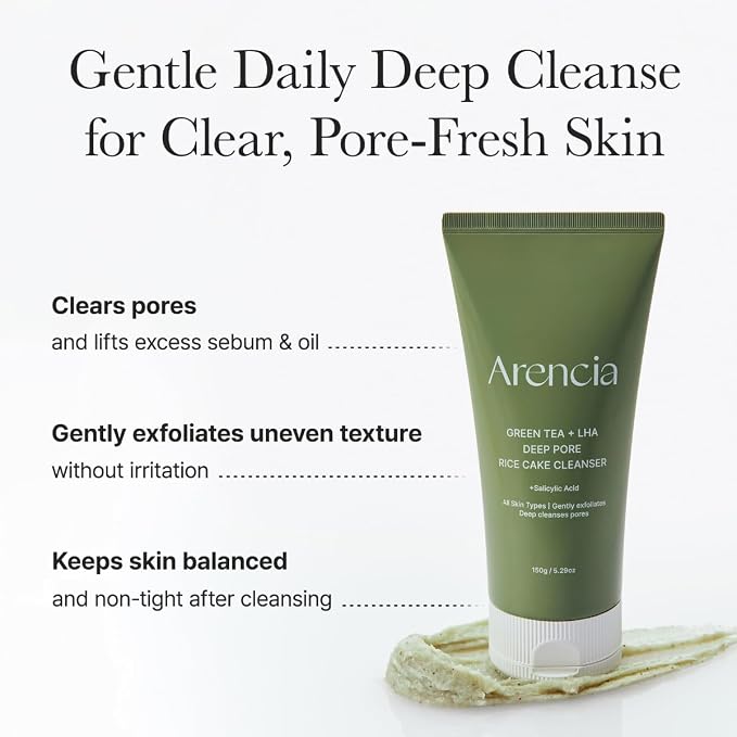 ARENCIA Salicylic Acid, Green Tea + LHA Deep Pore Rice Cake Cleanser – Deep Pore Cleansing for All Skin Types, Korean Face Wash, 150ml / 5.07 fl oz