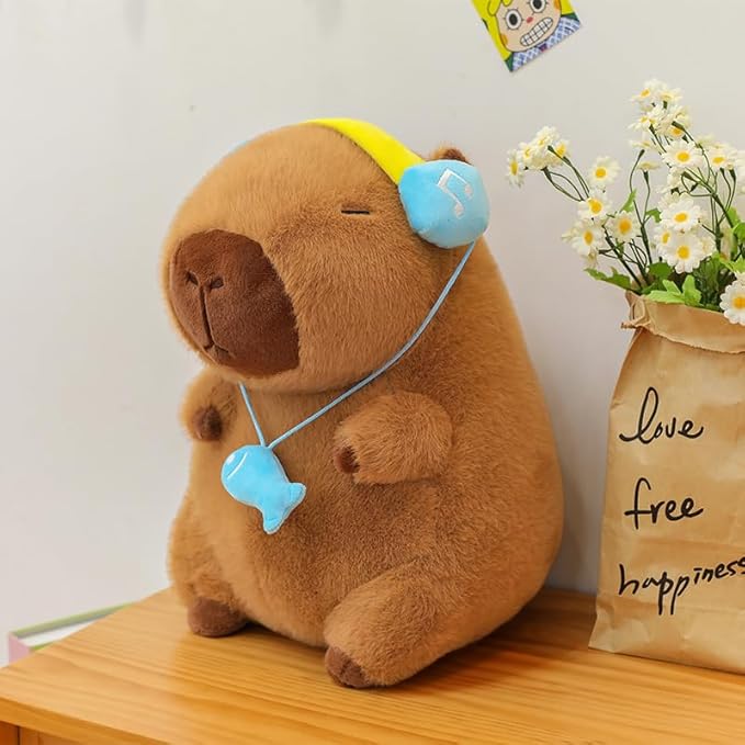 Ditucu Cute Capybara Plush with Headset 13 inch Super Soft Capibara Stuffed Animal Plushies Toys Hugging Gifts for Kids Brown