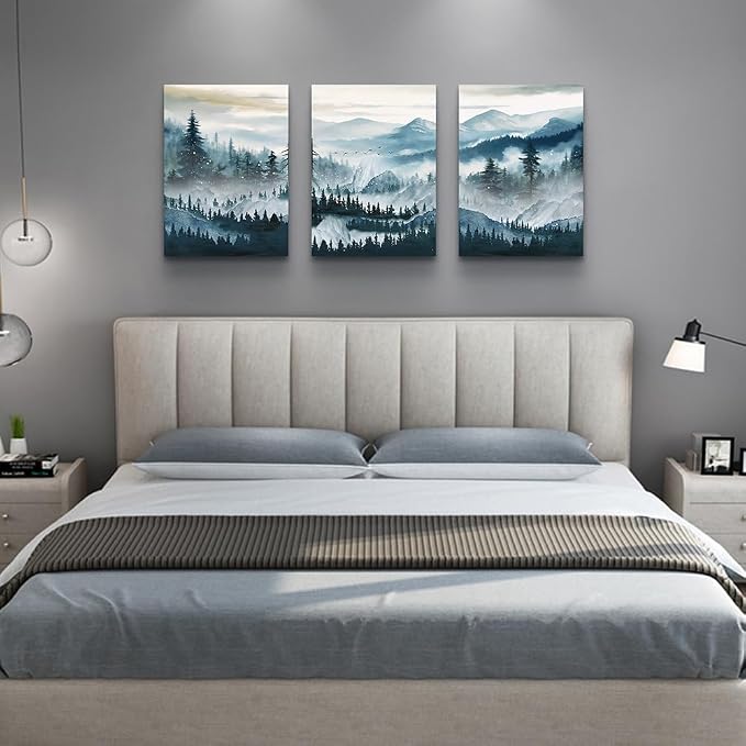 MHARTK66 Wall Art for Bedroom,Mountain Landscape Wall Decor,Large Foggy Forest Artwork for Walls, 3 Piece Nature Paintings Prints for Living Room Hallway Office Kitchen Home Decorations, 12x16 Inch