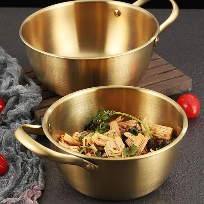 DECHOUS 1Pc Stainless Steel Instant Noodles Bowl 10 Inch Golden Korean Style Noodle Pot with Handle for Cooking Gas Induction Electric Stoves, Ideal for Soups and Ramen