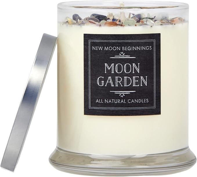 Moon Garden Candle by New Moon Beginnings - Soy Candle - All Natural Aromatherapy Crystal Candles - Intention Candle - Manifestation Candle - 12 oz Glass Jar
