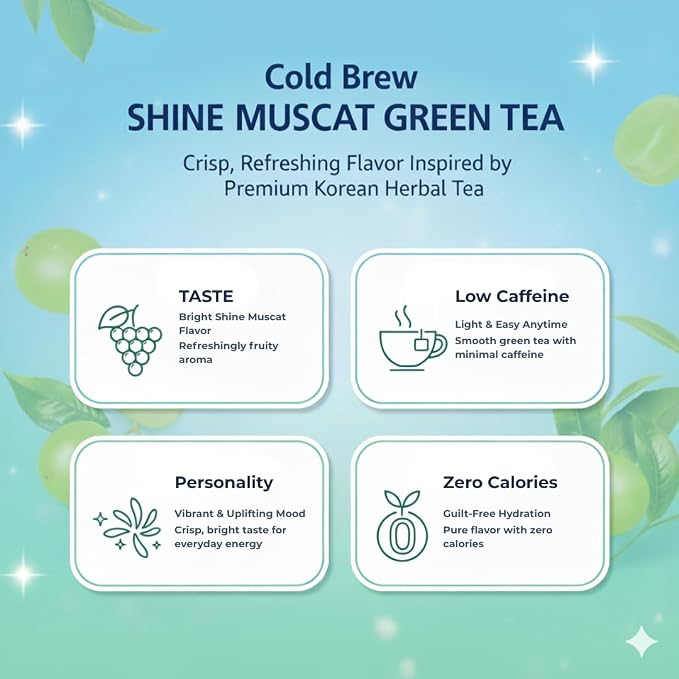Damtuh Shine Muscat Green Tea Cold Brew – Refreshing Fruit Green Tea with Real Leaves & Muscat Flavor – Lightly Caffeined Iced Herbal Tea Bags for Summer Hydration (1.8g x 20 Count)