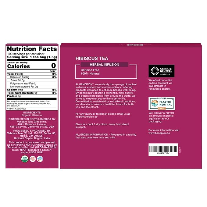 HANDPICK, Organic Hibiscus Tea Bags (100 Tea Bags) | Caffeine-Free, 100% Natural Pure Indian Hibiscus Flowers