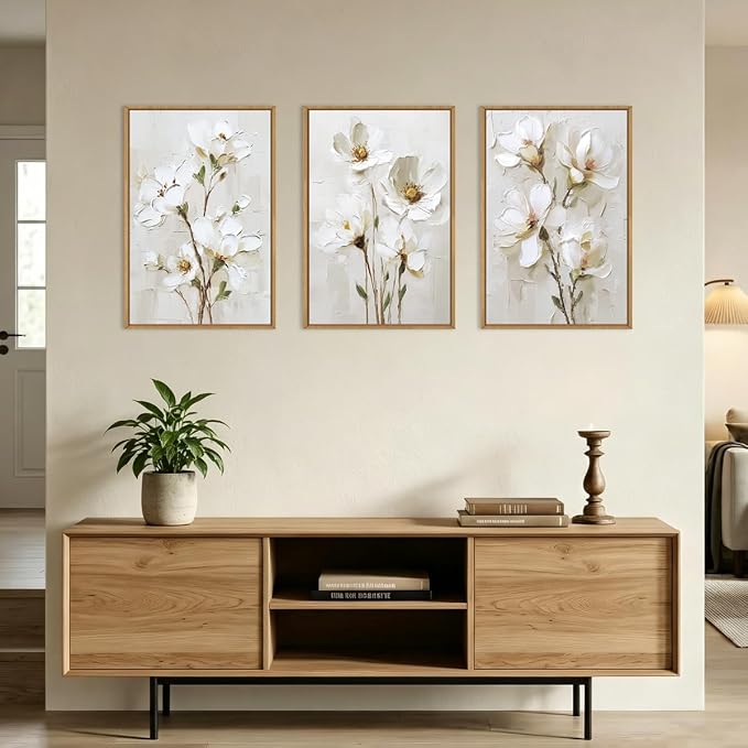 FWIEXA 3D Beige White Floral Canvas Wall Art Set 3,Texture Neutral Flower Framed Prints,Modern Abstract Aesthetic Botanical Paintings,24x36In Watercolor Minimalist Magnolia Artwork for Living Room,Bedroom,Office