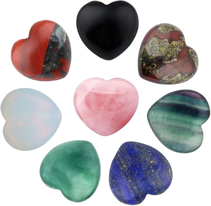 SUNYIK Assorted Crystal Stone Carved Puff Heart Pocket Stone Set, Healing Palm Crystal Set for Christmas, Pack of 8(1'')