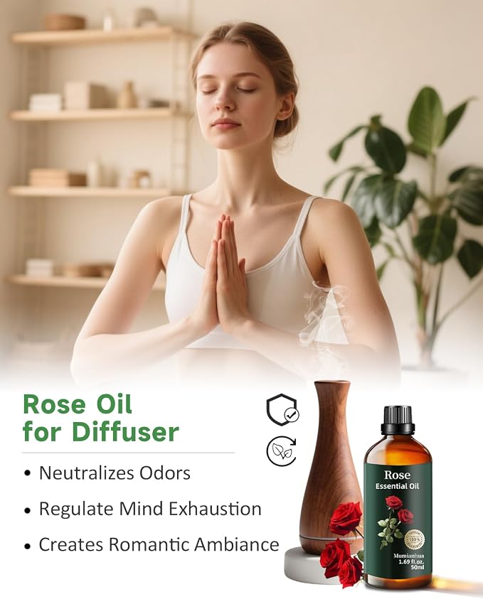 Rose Essential Oil, Floral Scent, Diffuser, Skin & Hair Care, 1.69 Fl Oz | Mumianhua Rose Oil, Steam-Distilled. Rich, Romantic Floral. For Face, Hair, Massage, Perfume & DIY