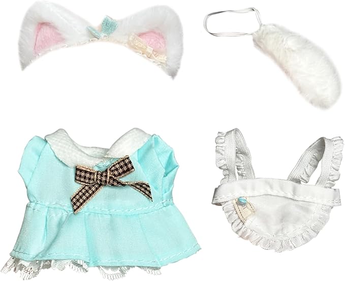 Teal Maid Outfit for Labubu, Maid Dress with Apron Ears and Tail for Labubu Clothes, Cute Maid Costume Set, Clothes Accessories for labubu Toys.