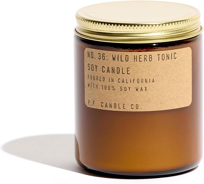 P.F. Candle Co. Wild Herb Tonic Classic Standard Scented Soy Wax Candle (7.2 oz) 40-50 Hour Burn Time, Amber Glass Jar, Made in The U.S.A.