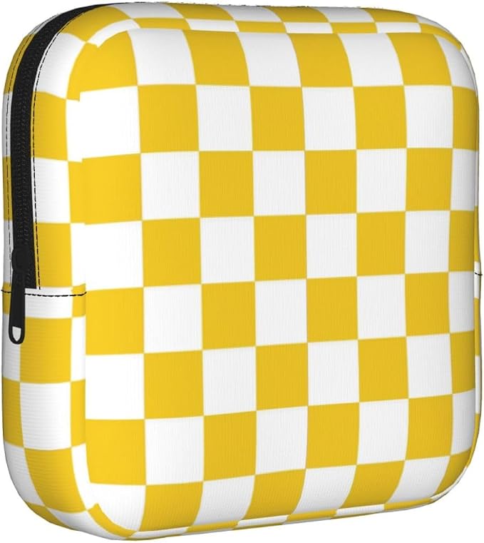 Yellow And White Checkered Checkerboard Chess Square Grid Period Bag For Women,Portable Sanitary Napkin Period Pad Pouch For Purse, Small Make Up Bags