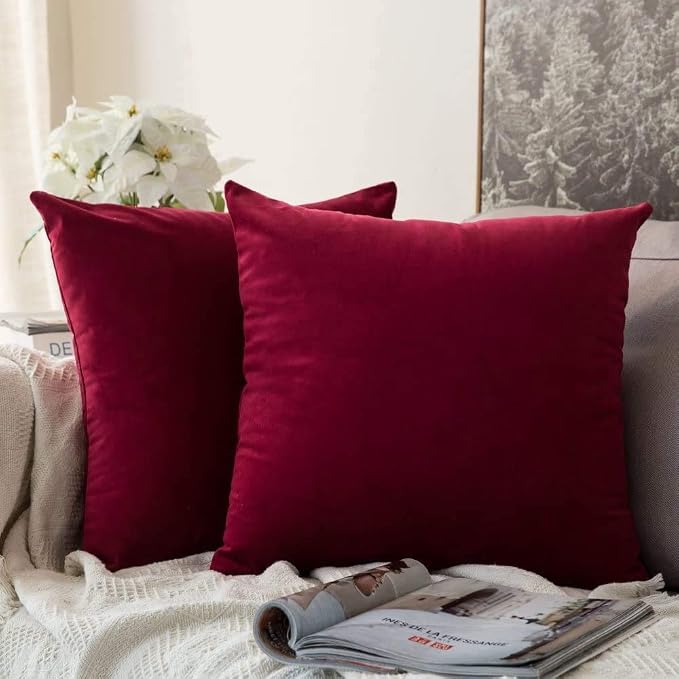 MIULEE Velvet Throw Pillow Covers 16x16 Inch Pack of 2 Wine Red | Soft Solid Small Decorative Pillow Covers, Modern Luxury Home Decor, for Couch Chair Sofa Bedroom Livingroom Car
