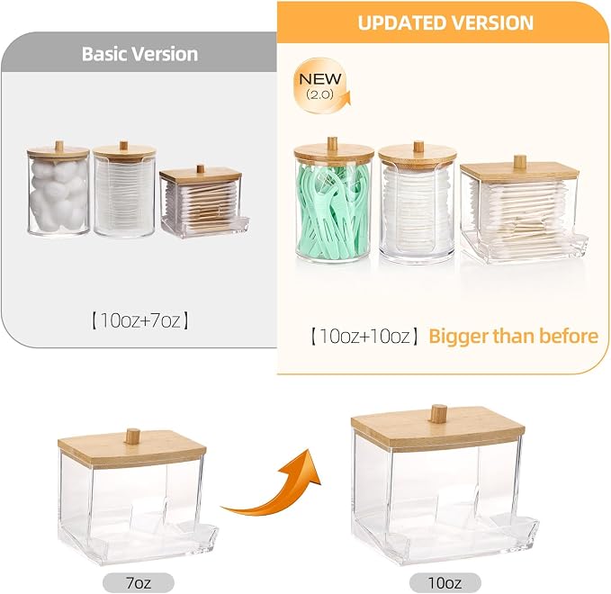 Tbestmax Bathroom Organizer Accessories Set-10 OZ Qtips Holder Storage with Bamboo Lids, Cotton Ball/Swabs Dispenser, Apothecary Container Jar 3 Pcs