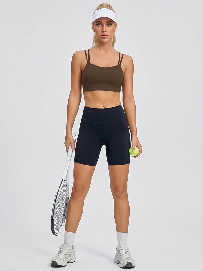 Aoysky Sports Bras for Women Buttery Soft Strappy Padded Sports Bra Double Spaghetti Straps Wireless Yoga Workout Crop Tops