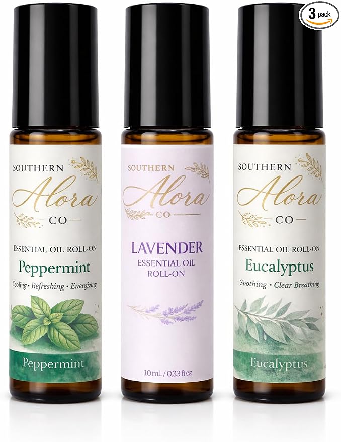 Southern Alora Essential Oils Roll On Set – Peppermint, Lavender & Eucalyptus Aromatherapy for Relaxation and Stress Support – Travel Size Essential Oil Roller, Self Care Gifts for Women