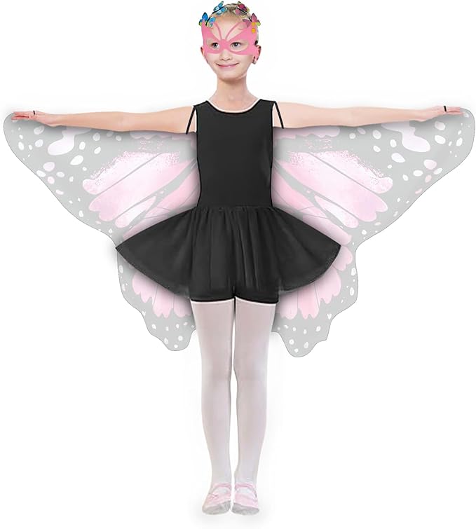 Kids Butterfly Wings Costume Girls Fairy-Wings Toddler Dress Up Play Costumes Butterfly Hair Clip Mask Party Favors (Pink Sets)