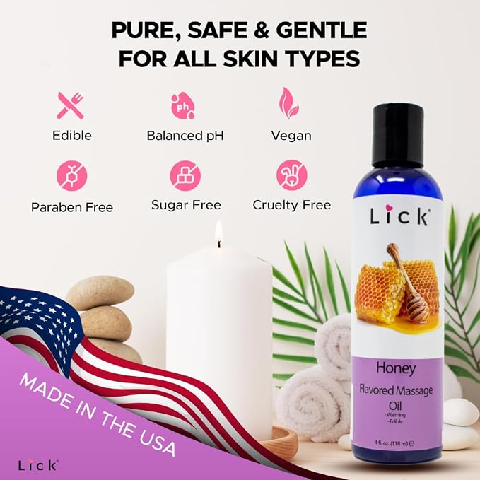 Lick Honey Flavored Massage Oil – Warm Sweet Edible Massage Oil with Sweet Almond Oil & Vitamin E, Smooth Body-Safe Glide for Couples Massage & Relaxation, 4 oz