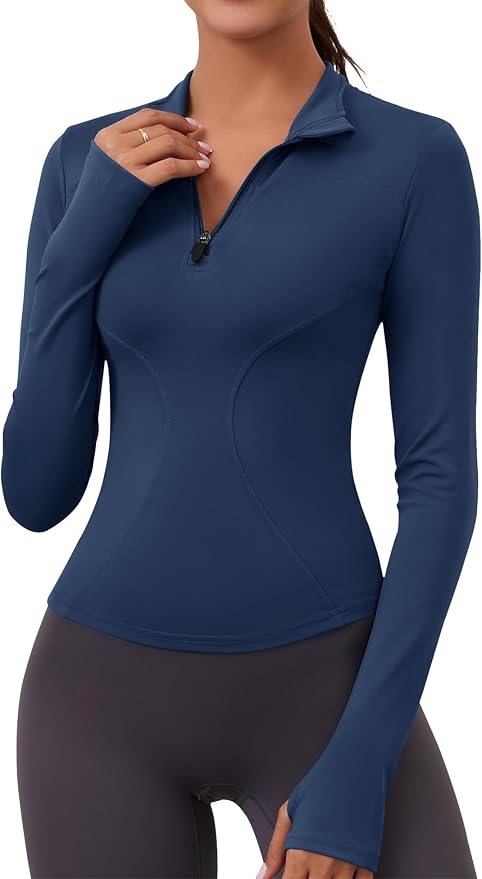 LOMON Womens Long Sleeve Workout Tops Quick Dry Quarter Zip Pullover Crop Yoga Athletic Slim Fit Shirts