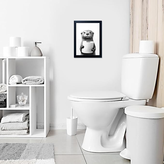 Bathroom Picture Wall Decor, Framed Black and White Bathroom Wall Art, Toilet Paper in Little Funny Raccoon's Hand Animal Canvas Print Painting