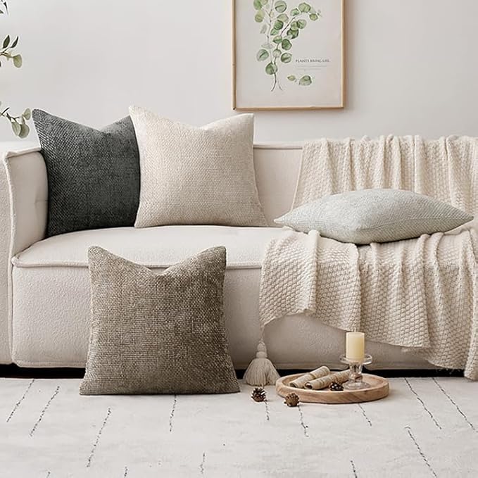 MIULEE Soft Decorative Chenille Pillow Covers Neutral 18x18 Pack of 4 | Mid Century Modern Decor, Cream to Charcoal Set, Couch Throw Pillows, Farmhouse Boho Cushion Covers for Sofa Bed Living Room
