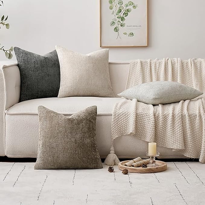 MIULEE Soft Decorative Chenille Pillow Covers Neutral 20x20 Pack of 4 | Mid Century Modern Decor, Cream to Charcoal Set, Couch Throw Pillows, Farmhouse Boho Cushion Covers for Sofa Bed Living Room