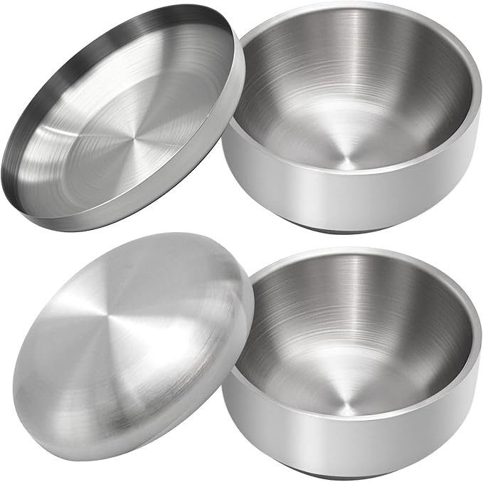Stainless Steel Rice Bowl with Lid, Set of 2, for Korean Kitchen Restaurant, Double-walled Metal Bowls, Multi-Purpose Insulated Soup Bowls Snacks Bowls (13cm Silver)