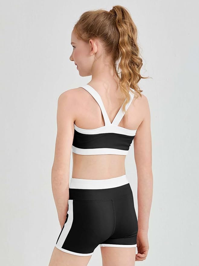 Haloumoning Girls 2 Piece Outfits Athletic Color Block Training Bra and High Waisted Shorts Clothing Sets 5-14Y