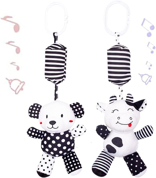 Baby Car Seat Toys, Black White Stroller Toy, Hanging Rattle Toys for Crib Mobile, Newborn Sensory Toy for 0-12 Months (Calf/Panda)