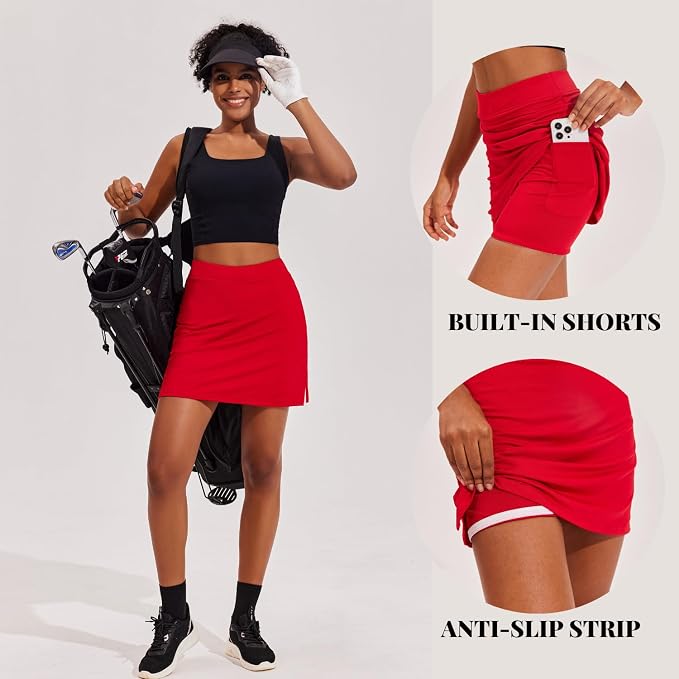 Ekouaer 16" Skorts for Women with Pockets Golf Pickleball Tennis Skirt | Silicone Grippers,2 Inner Pockets,Wide Waist,Side Slit Hem,Breathable,Soft,Lightweight