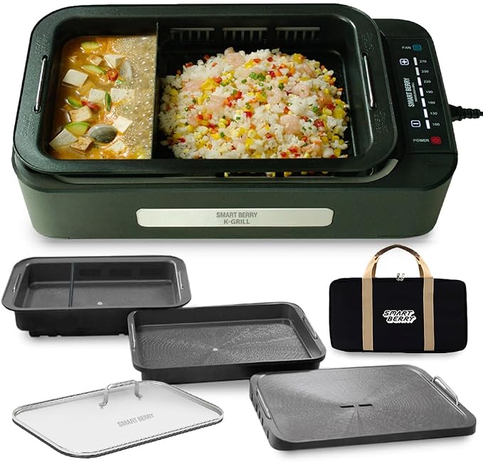 SMART BERRY 3 in 1 Smokeless Electric Indoor Grill, Nonstick Grill/Griddle Plates, Jjamjjapan, Glass Lid, Portable Korean BBQ Grill with 7-Level Control (Jjamjjapan set Black)