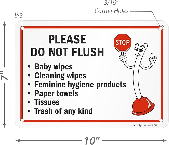 SmartSign 2-Pack 'Please Do Not Flush Wipes/Feminine Hygiene Products/Paper Towels/Tissues/Trash' Bathroom Sign with Funny STOP Symbol - 7" x 10", 55 mil HDPE Plastic, Red/Black/White, USA-Made