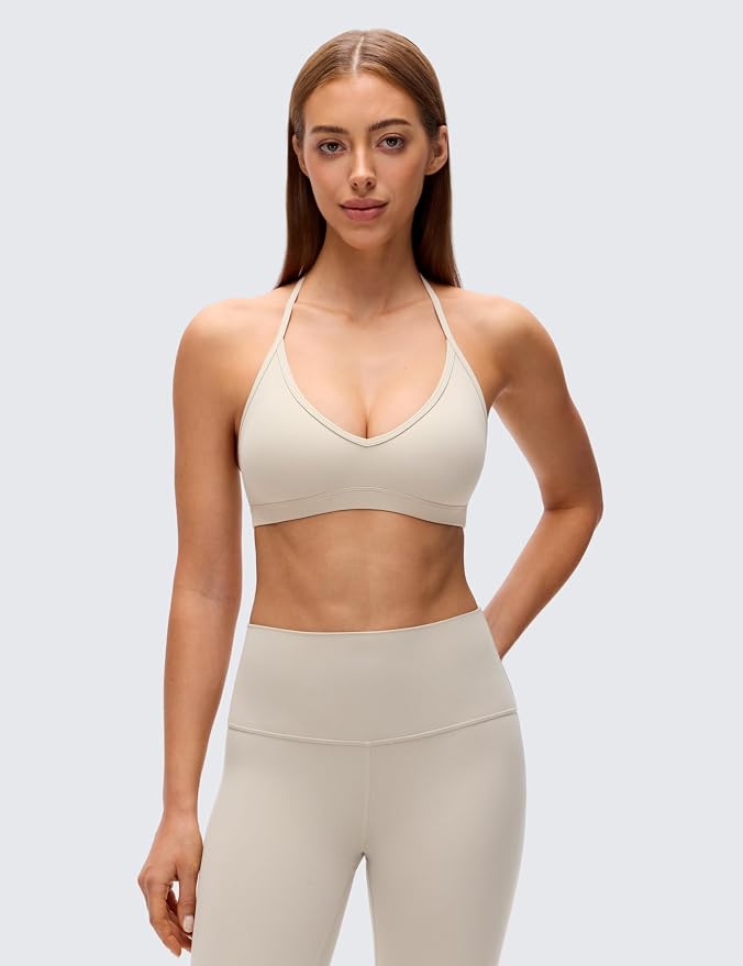 CRZ YOGA Butterluxe Soft Double Lined T-Back Sports Bras for Women - V Neck Adjustable Strap Yoga Crop Top Casual Non Padded
