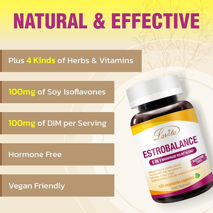 LOVITA Menopause Supplements for Women, DIM Complex with Soy Isoflavones, Red Clover, Vitamin D3 & Black Pepper for Menopause & Hormone Balance Support, 120 Vegetarian Capsules