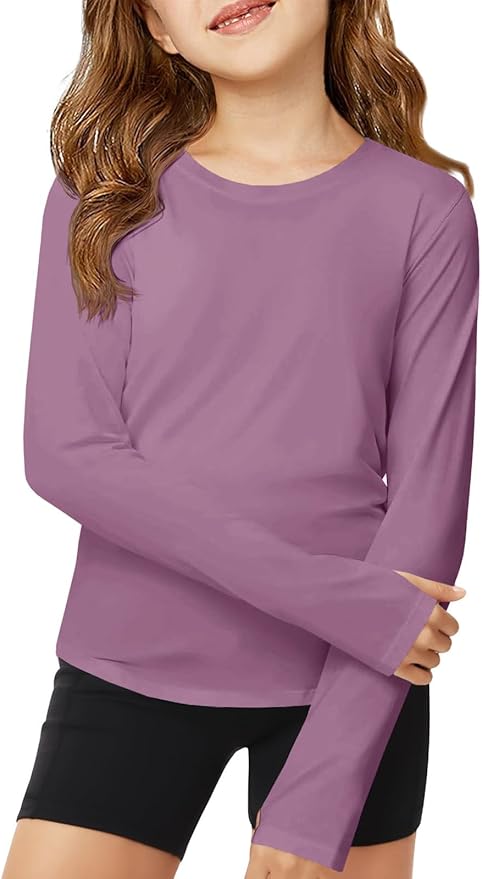 ZDC Girls Long Sleeve Athletic Shirts Kids Crewneck Quick Dry Workout Yoga Tops Basic Tees Activewear