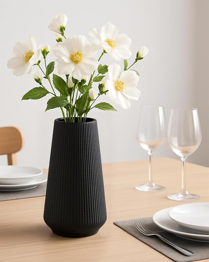 Black Ceramic Vase, 8 Inch Flower Vase for Pampas Grass, Modern Minimalist Ribbed Decorative Vase for Living Room Table, Shelf Decor
