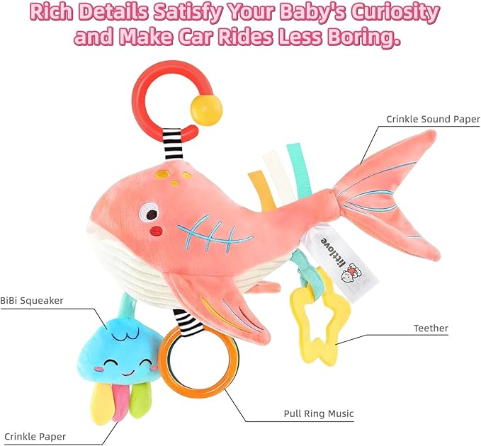 Musical Baby Toys for Car Seat 6-12 Months, Travel Sensory Toy 3-6 Months, Montessori Plush Toys for Roadtrip with Teether Crinkle Textures Clackers Squeaky Pulling Cords Newborn Infant Valentine Gift