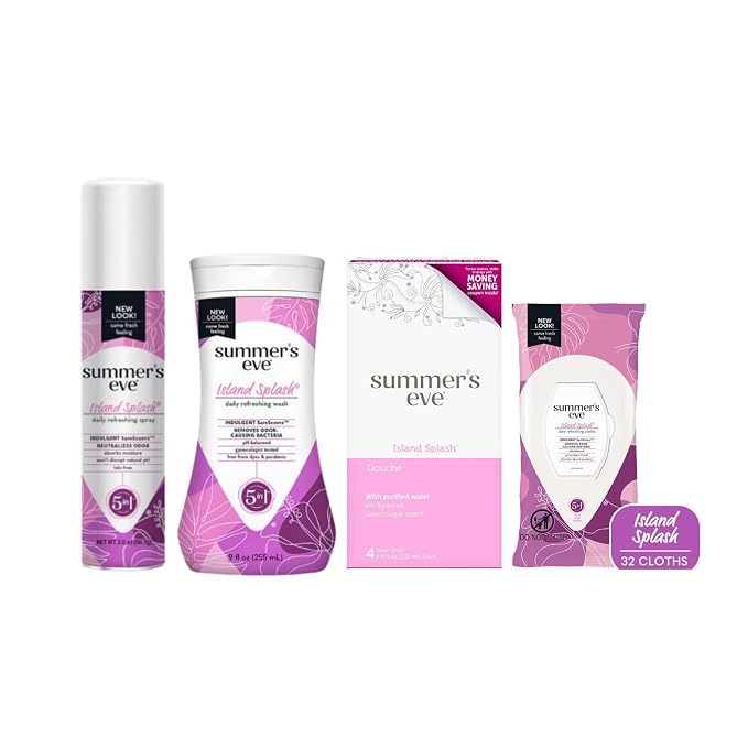Summer’s Eve Island Splash Feminine Care Set, Wash, Wipes, Freshening Spray & Douche, Removes Odor, pH Balanced, 9 Ounce Wash, 32 Count Wipes, 2 Ounce Spray, 4.5 Ounce Douche (Variety Pack of 4)