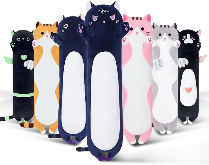 Long Cat Body Pillow for Kids, Cute Cat Stuffed Animals Gifts for Girls, Long Cat Plush Toy for Birthday, Soft Cat Plushies Pillow (DevilCAT with Claws, 43.3in/110cm)
