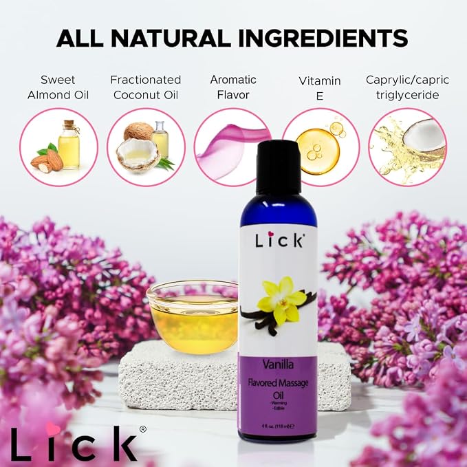 Lick Vanilla Flavored Massage Oil – Classic Dessert-Inspired Edible Massage Oil with Sweet Almond Oil, Silky Non-Greasy Glide for Couples Massage & Skin Care, 4 oz