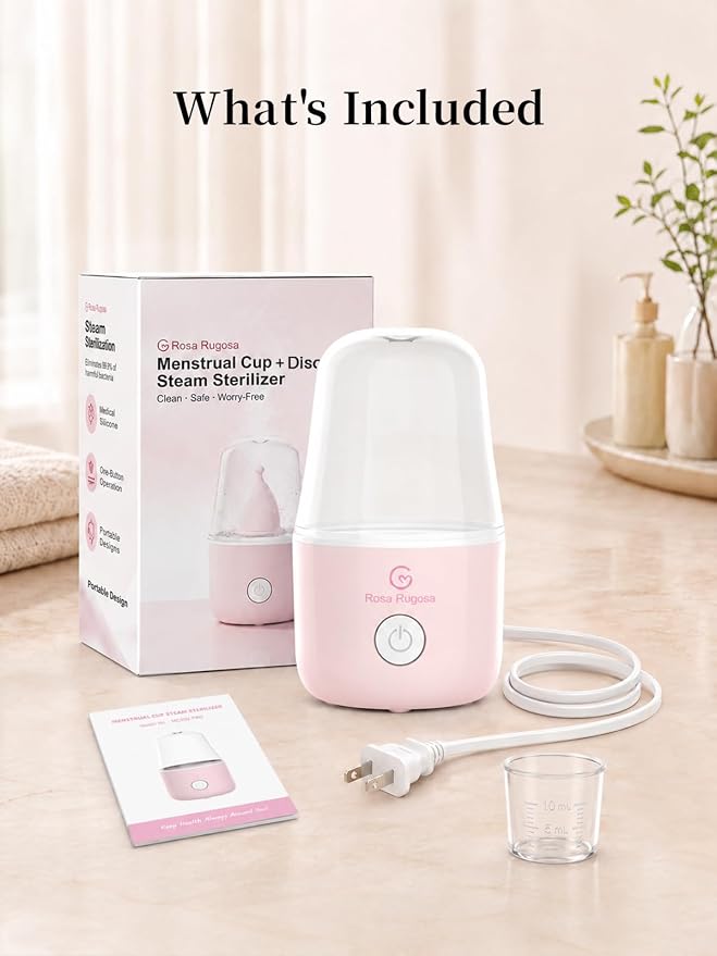 ROSA RUGOSA Menstrual Cup Sterilizer Fits Menstrual Cups and Disc, See-Through Design, Includes Measuring Cup, Auto Shut Off, for Home, Dorm and Travel