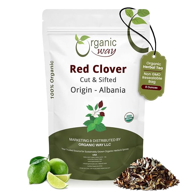 Organic Way Red Clover Flower Cut & Sifted (Trifolium Pratense) Herbal Tea | European Wild-Harvest | Organic & Kosher Certified | USDA Certified | Origin - Albania (1/2LBS | 8Oz)