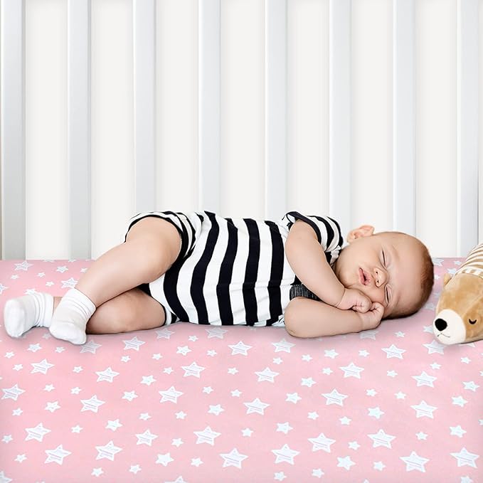 Pack and Play Sheets Girl, 2 Pack Mini Crib Sheets, Stretchy Playard Fitted Sheet, Compatible with Graco Pack n Play, Soft and Breathable Material, Pink&Pink Stars