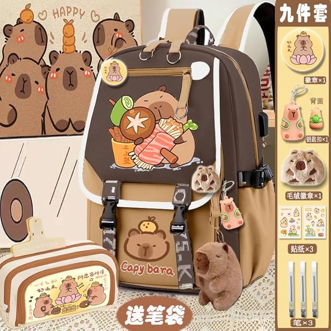 Kapibara Capybara Cartoon Backpack Gift Large Capacity Waterproof Kapibara stuff kawaii backpack with pins and Accessories (pattern 17)