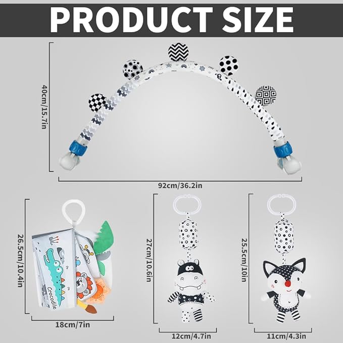 Baby Activity Travel Mobile Arch Bassinet Toy, Black and White High-Contrast Bouncer Toy bar, Crib Toys with Hanging Animals, Stroller Attachment(Farm)