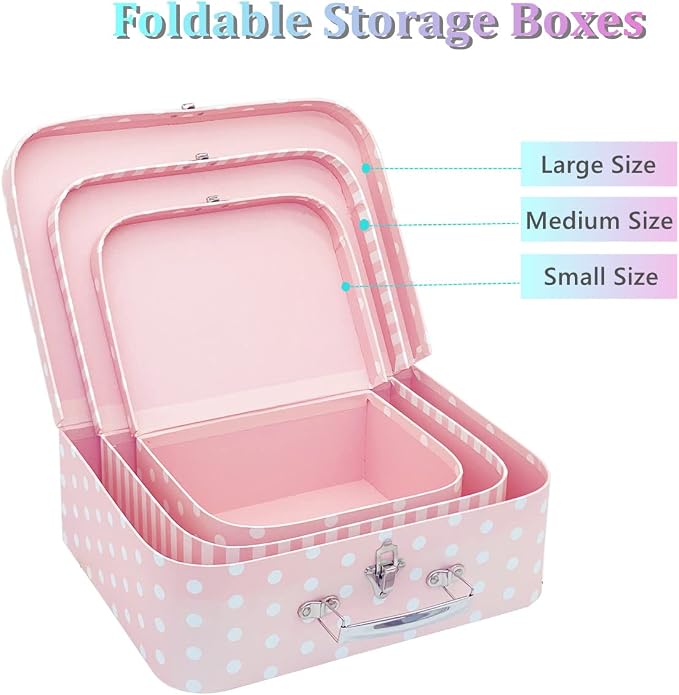 Paperboard Suitcases Set of 3 Decorative Boxes, Compatible with Barbie Storage Organizer, Doll Clothes, Toys, Photos, Accessories, Hat, Cute Storage Gift Boxes for Kids Girls Home Decoration