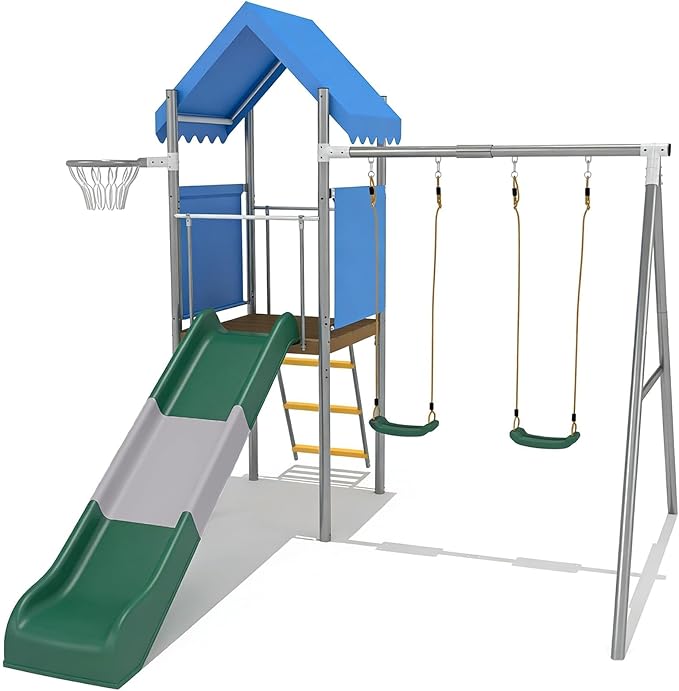 Patikuin Heavy Duty Kids Outdoor Playset with Dual Swings, Slide & Basketball Hoop – Galvanized Steel Playground Equipment – Safe & Durable – Perfect for Backyard or Garden – Includes Blue Variant