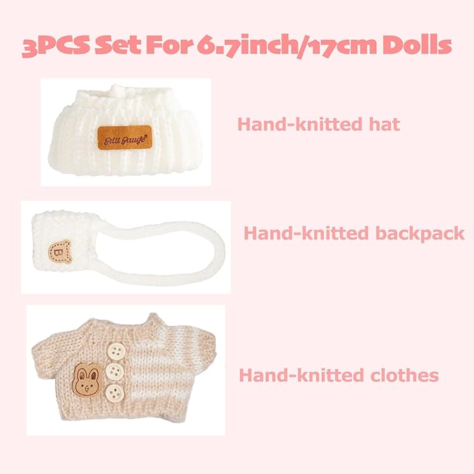 Clothes for 17cm Dolls, Clothes Set for 17cm Doll, Crochet 3 Piece Set Hat Clothes Backpack for Doll, Stylish Adorable Dolls Clothes Accessories (No Doll) (Khaki)