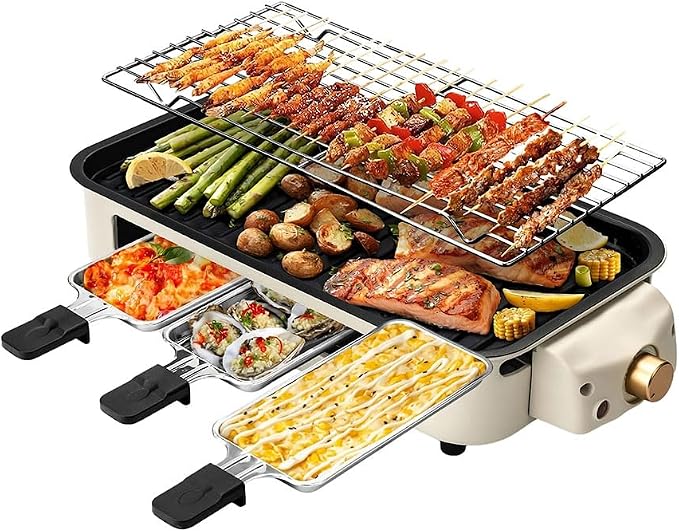 OVENTE 2-in-1 Electric Indoor Grill Non-Stick Cooking Plate, Beige BQR1502B | 1500W Smokeless Korean BBQ Griddle with, 3 Raclette Cheese Pans, Adjustable Temperature Control, Dishwasher Safe