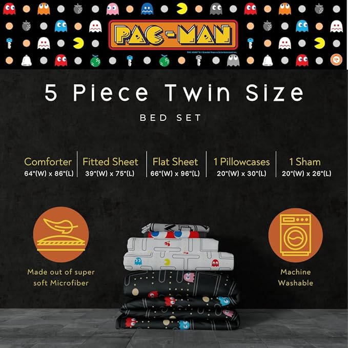 Pac-Man Gaming 5 Piece Super Soft Cozy Reversible Comforter and Sheet Set with Sham, Twin, (Officially Licensed Product) By Franco