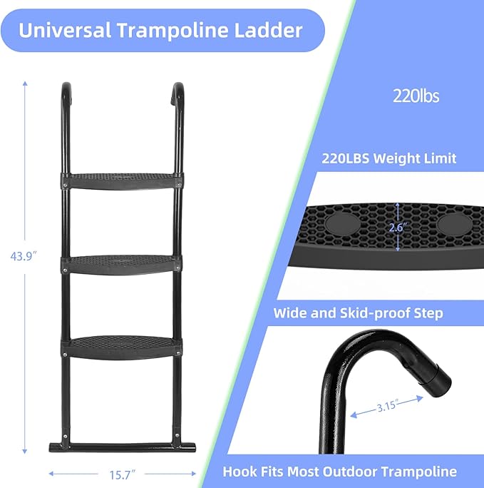 Gardenature Trampoline Ladder 3 Step with Wide Flat Steps, Universal Trampoline Stairs for Kids, Rust-Resistant Heavy Duty Trampoline Accessories for 10 12 14 16 FT Round & Rectangle Frames, Black