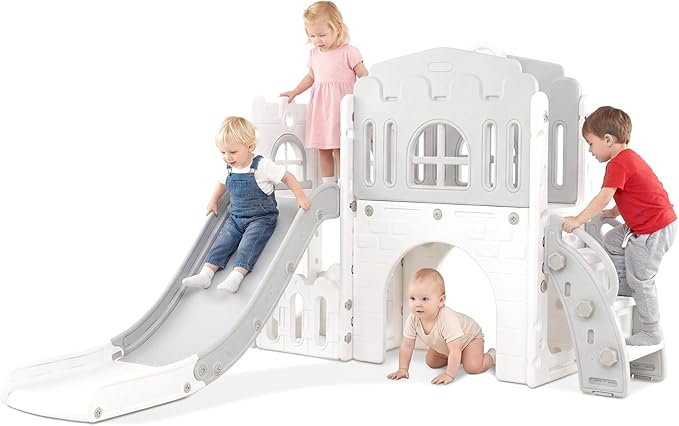 OLAKIDS Toddler Slide, 9 in 1 Kids Indoor Outdoor Playground with Climber Basketball Hoop Telescope Tunnel Corridor Toy Storage Steering Wheel for Boys Girls Aged 1+ (Grey, 54'')
